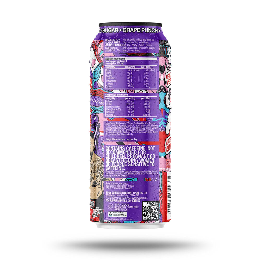 BSc Pre-Workout Energy Drink Can Sugar Free 500ml Grape Punch (12 Pack) — image 3