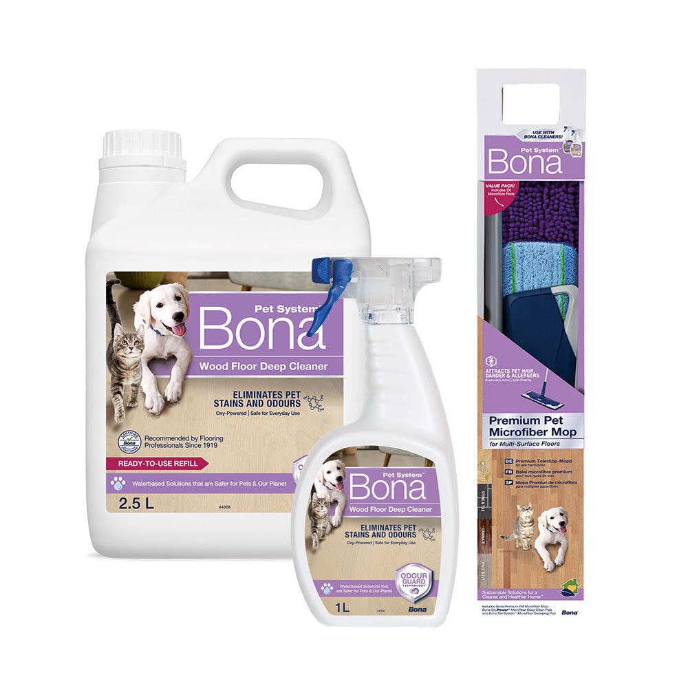 Bona Pet Microfibre Deep Clean Mop w/Wood-Floor 1L Cleaner Spray & 2.5L Refill