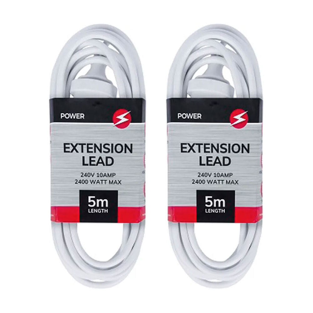 5m Extension Lead/Cord Cable AU/NZ 2400W/240V/10Amp Indoor Home Power Plug (2 Pack)