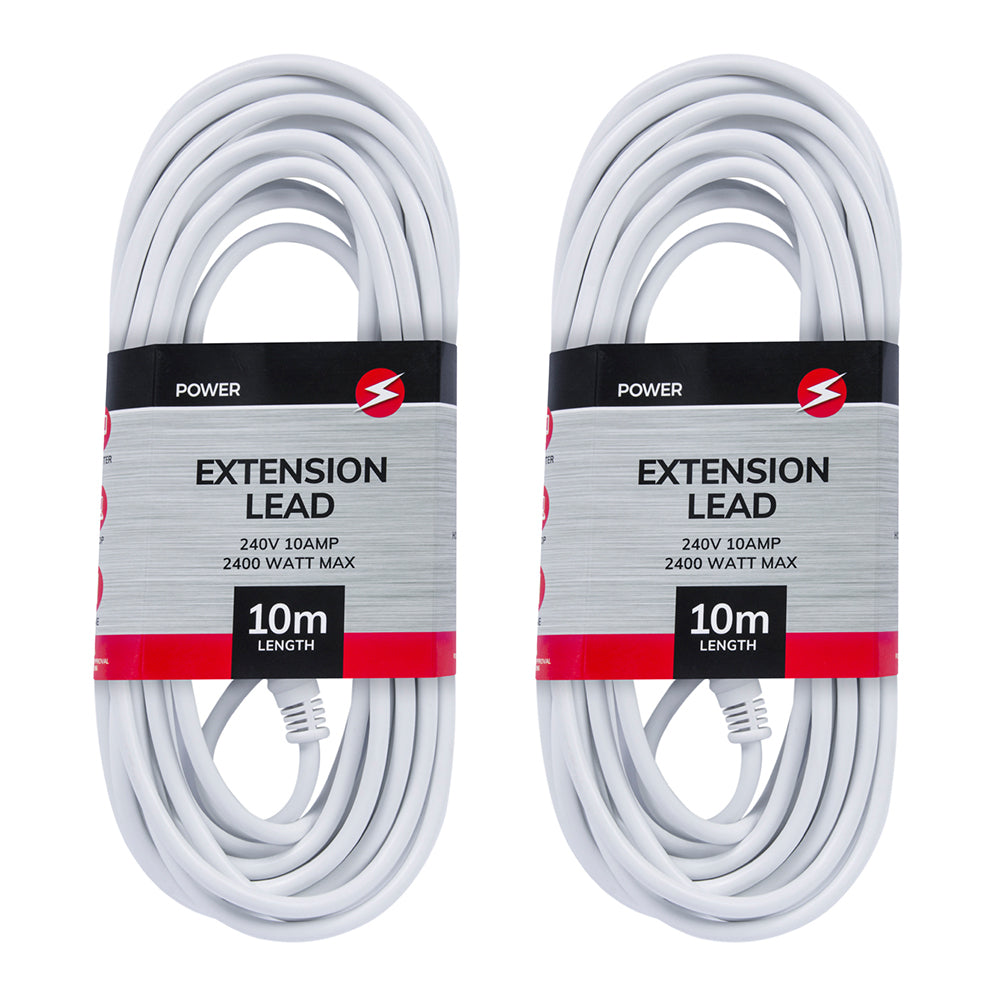 Power 10m Extension Lead/Cord Cable AU/NZ 2400W 240V Home/Office Plug White (2 Pack)