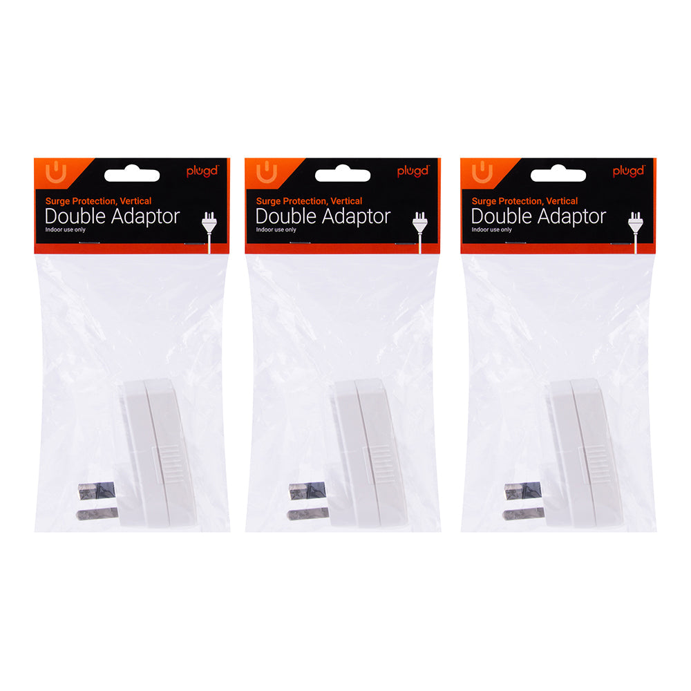 Plugd Vertical w/Surge Protection 240v 10amp 2400w Max Double Adapter Outlet (3 Pack)