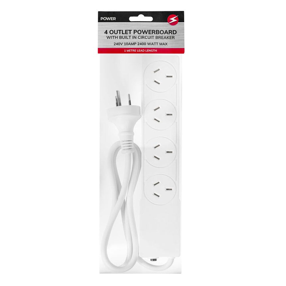 Power 4 Outlet Powerboard 1m Lead Extension Power Board Strip Cord/Socket White — image 2
