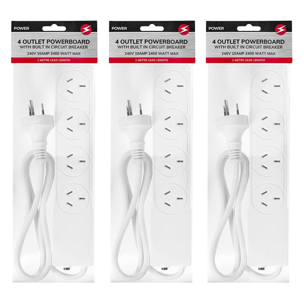 Power 4 Outlet Powerboard 1m Lead Extension Power Board Strip Cord/Socket (3 Pack)