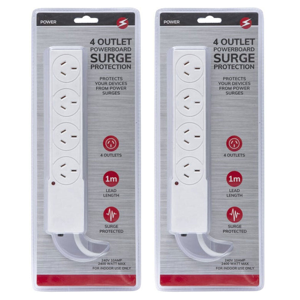Power 4 Outlet Powerboard 1m Lead Extension Strip Socket w/ Surge Protection (2 Pack)