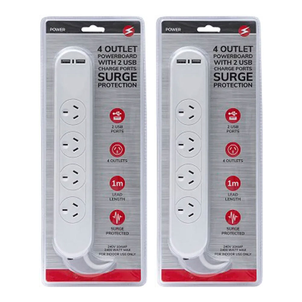 4 Way Outlet Switched Surge Protected 2400W Power Board w/1m Cable/2 USB Port (2 Pack)
