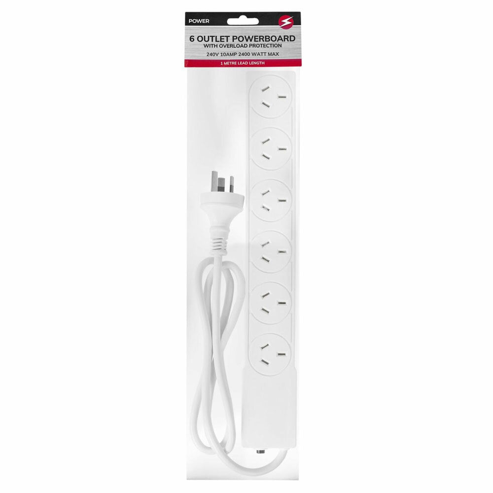 Power 6 Outlet Powerboard 1m Lead Extension Power Board Strip Cord/Socket White — image 2
