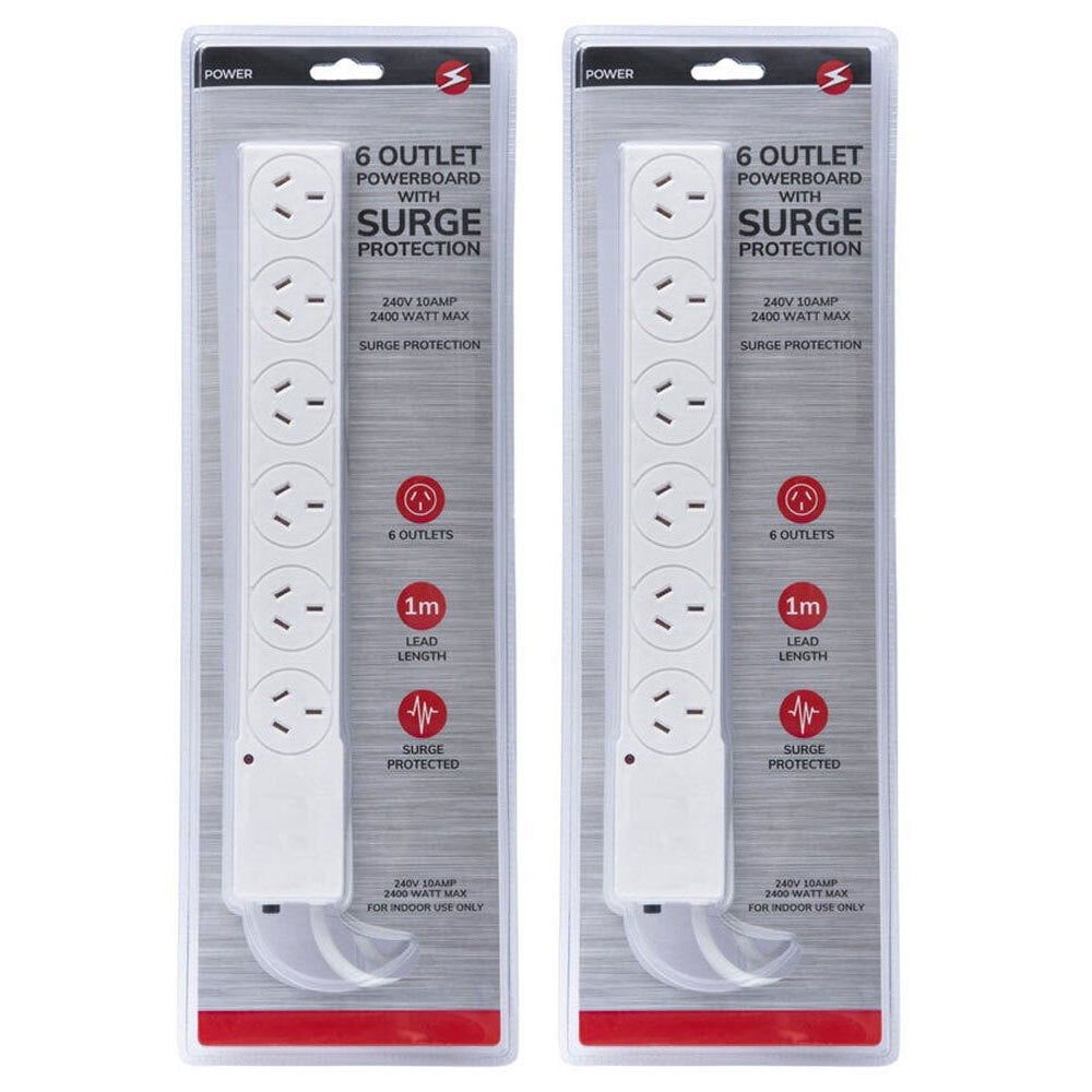 Power 6 Outlet Powerboard 1m Lead Extension Strip Socket w/ Surge Protection (2 Pack)