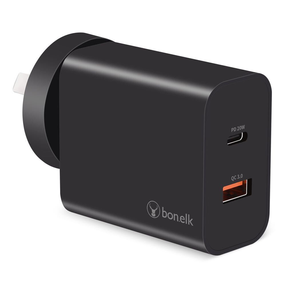 Bon.Elk Bonelk AC Wall Charger 20W Pd/usb-c 18W/QC USB-A 38W Adapter Plug AU/NZ Black