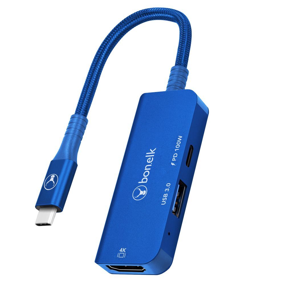 Bon.Elk Bonelk Long-Life 3in1 USB-C M to F Hdmi/usb MultiPort Hub For PC/Laptop Blue