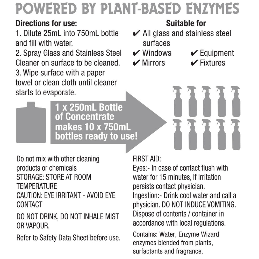 Enzyme Magic Glass and Stainless Steel Cleaner 250ml Concentrate Makes 7.5L (2 Pack) — image 3
