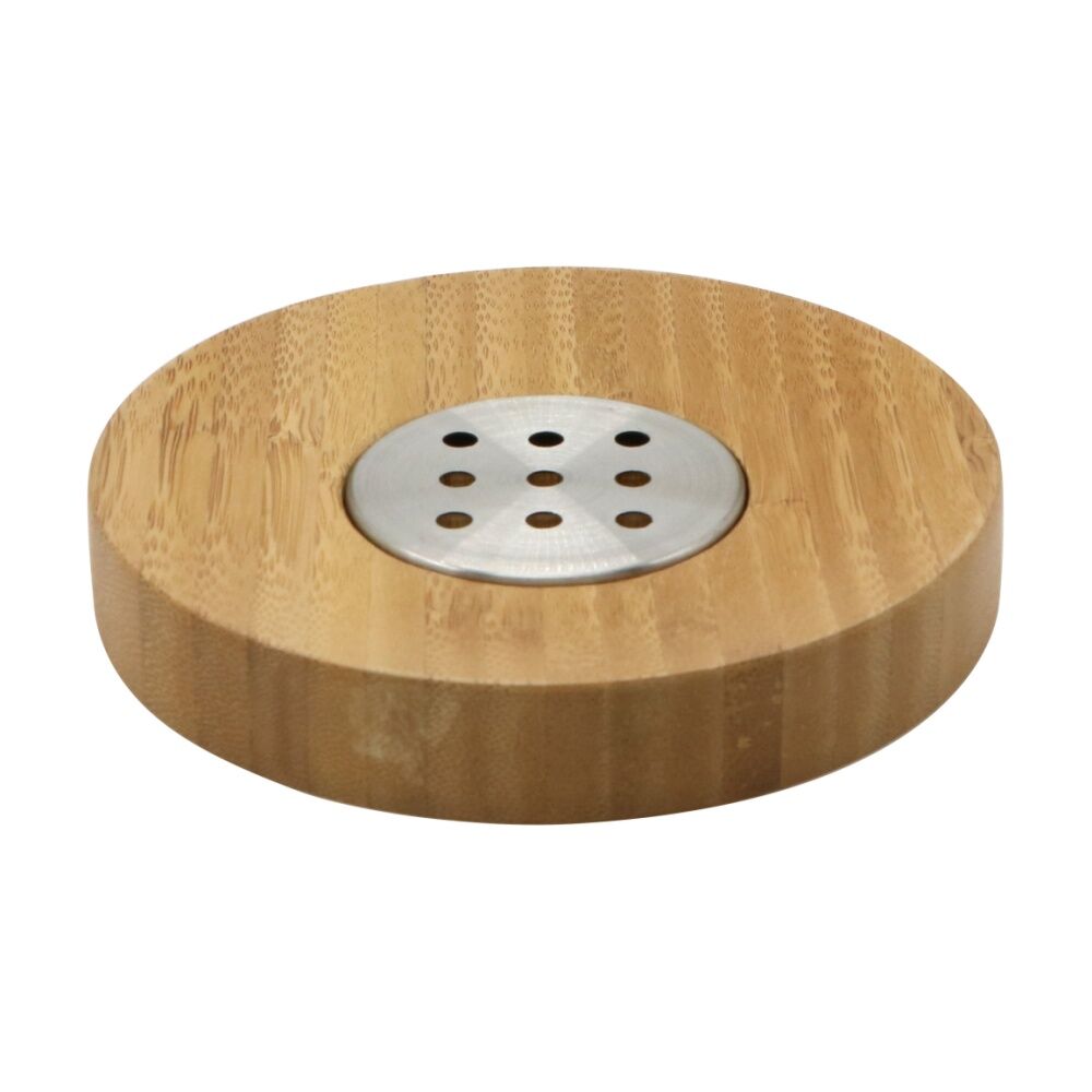 NF Living Round Soap Dish 13x2cm Bamboo & Metal For Bathrooms Natural