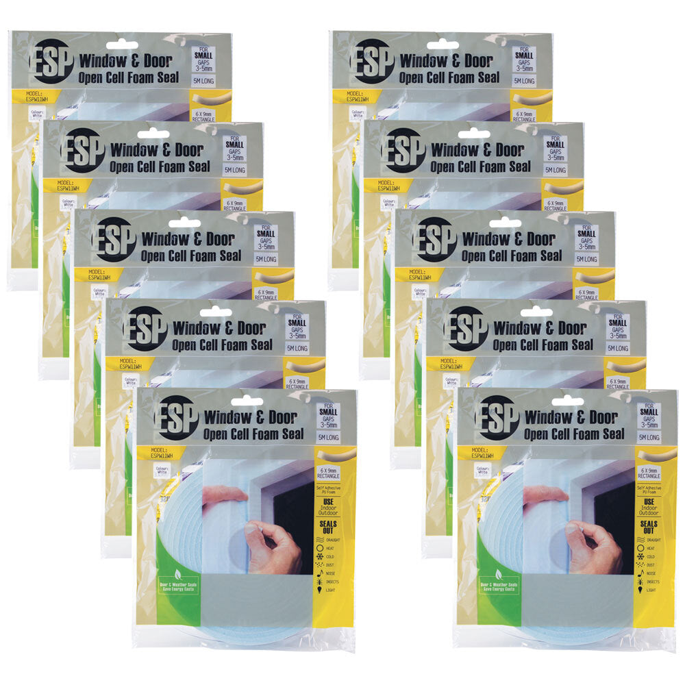 Esp Window & Door Open Cell Foam Weather Seal Adhesive Sealer 6x9mm White (10 Pack)