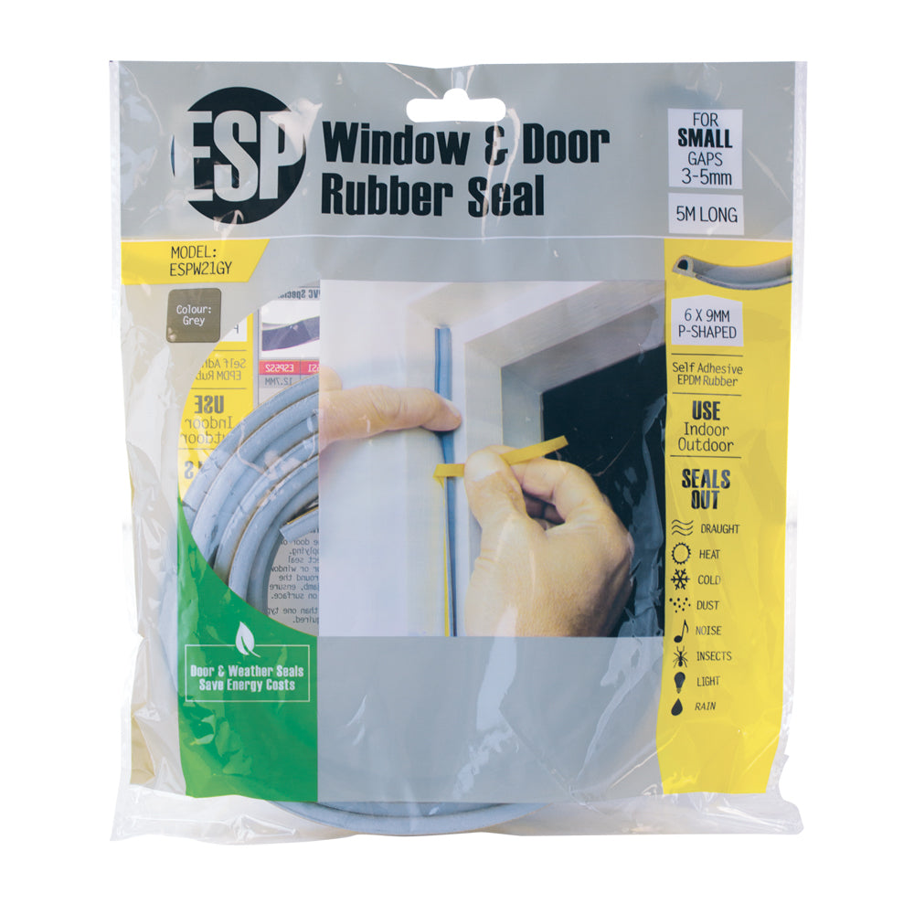 Esp Window & Door Rubber P-Shaped Weather Seal Draught Adhesive 6x9mm Grey