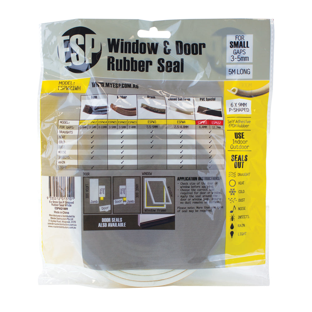 Esp Window & Door Rubber P-Shaped Weather Seal Draught Adhesive 6x9mm White — image 2