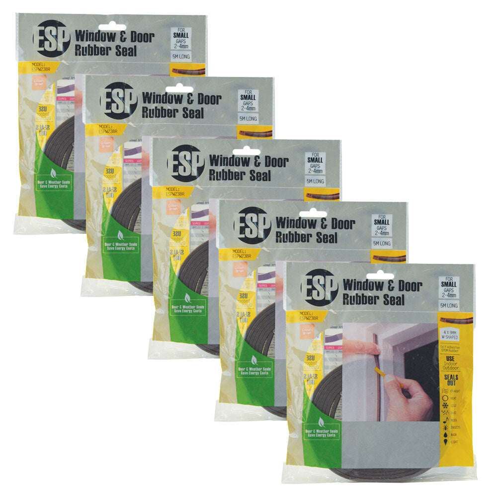 Esp Window & Door Rubber W-Shaped Weather Seal Draught Adhesive 4x9mm Brown (5 Pack)