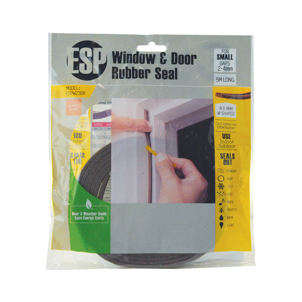 Esp Window & Door Rubber W-Shaped Weather Seal Draught Adhesive 4x9mm Brown