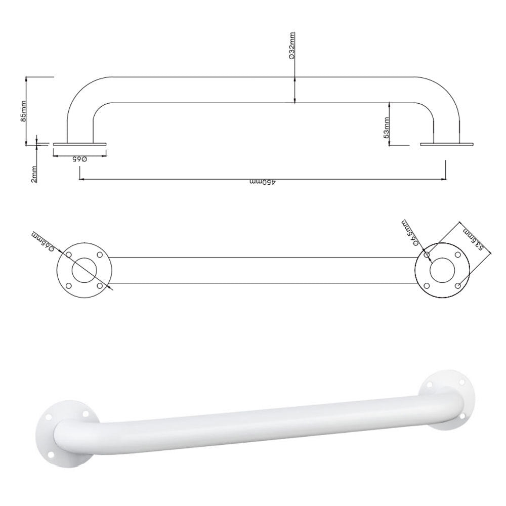 Evekare Exposed Flange Safety Grab Bathroom Wall Hand Rail/Pull Bar 450mm SS WHT — image 7