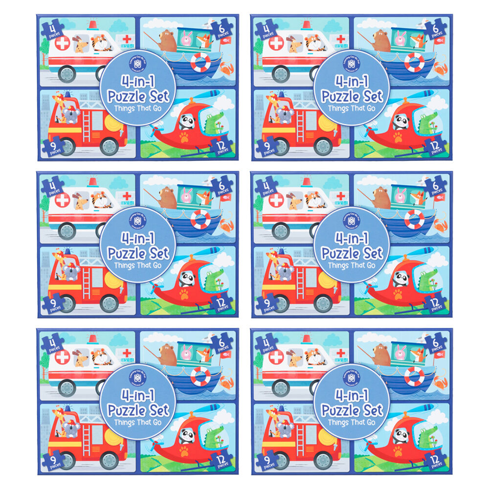 Learning Can BE Fun 4-In-1 Kids Puzzle Activity Set Things That Go 4-12 Pc (6 Pack)