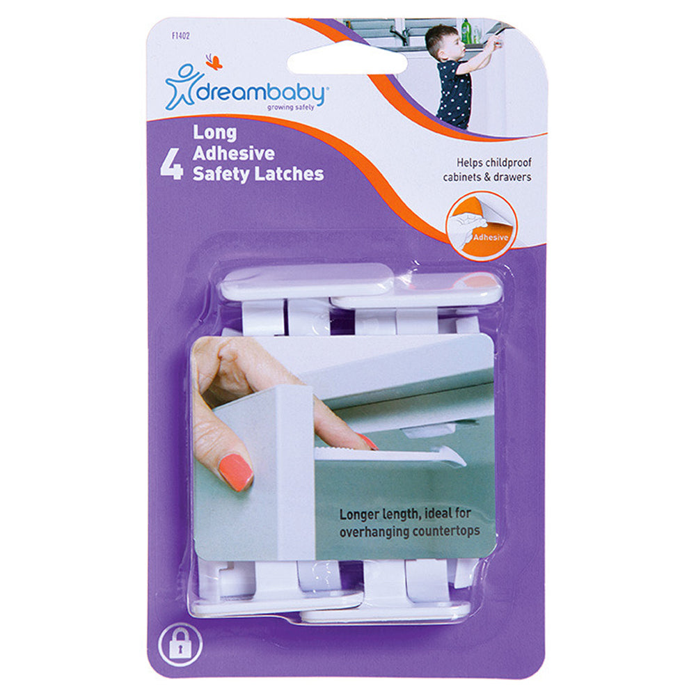 Dreambaby Adhesive Cabinet/Drawer Baby Safety Latches Lock Long Self-Locking (4 Pieces)