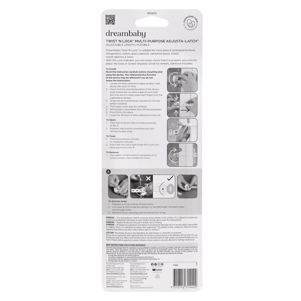 Dreambaby Baby/Kids Safety Twist n Lock Multi Purpose Latch White/Grey (2 Pieces) — image 3