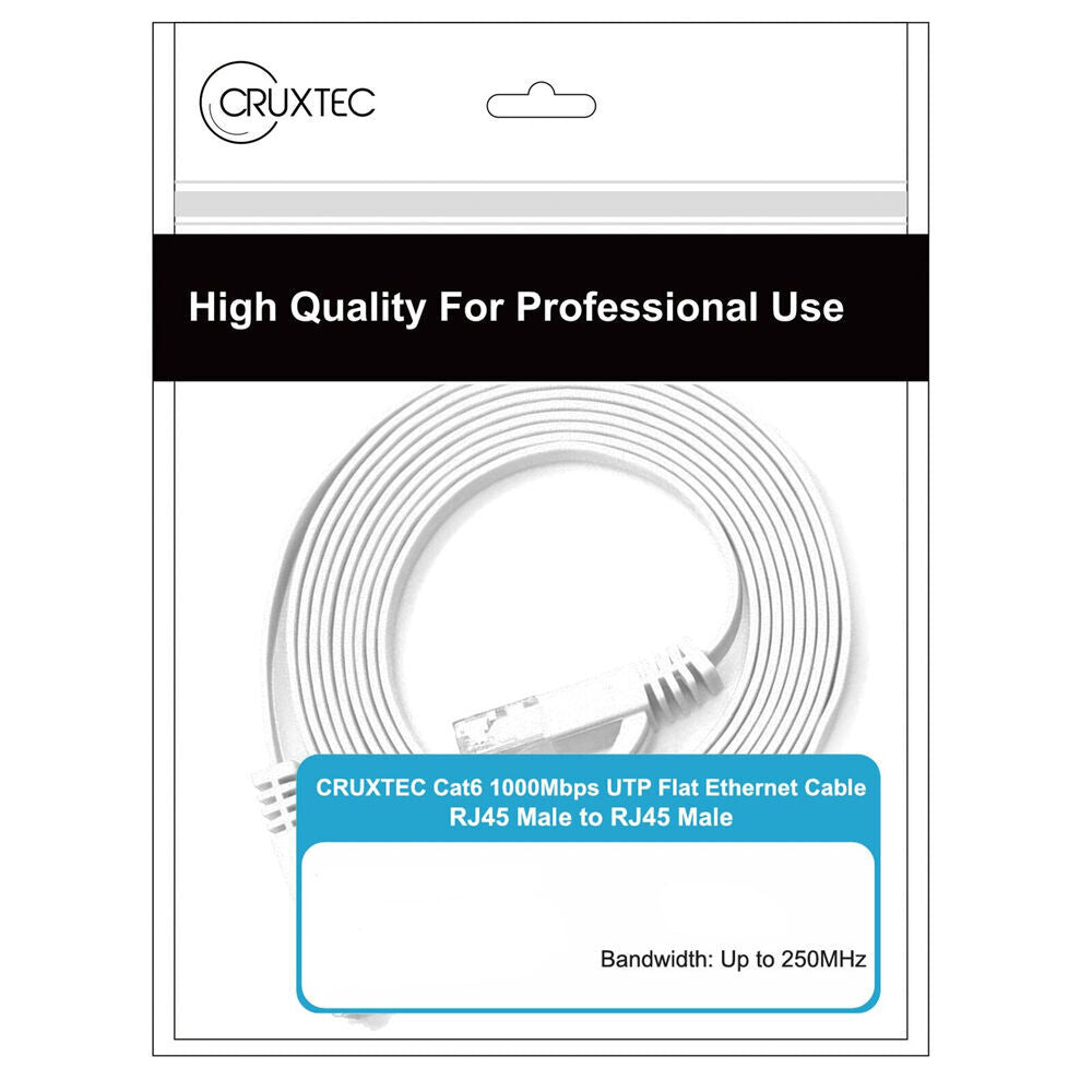 Cruxtec 5m White CAT6 UTP Gold Plated RJ45 Flat Ethernet Cable