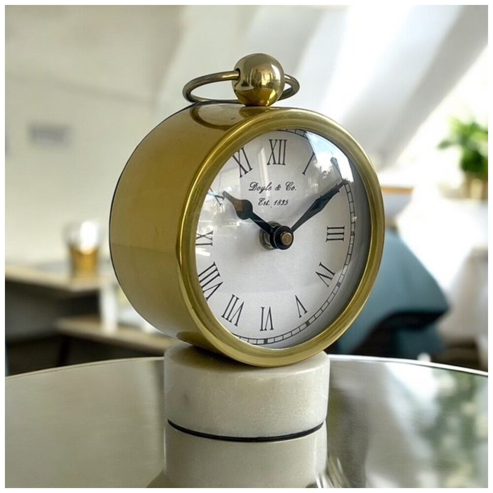 SS Collective Gold Round Faced Table/Desk Clock On White Marble Stand — image 2
