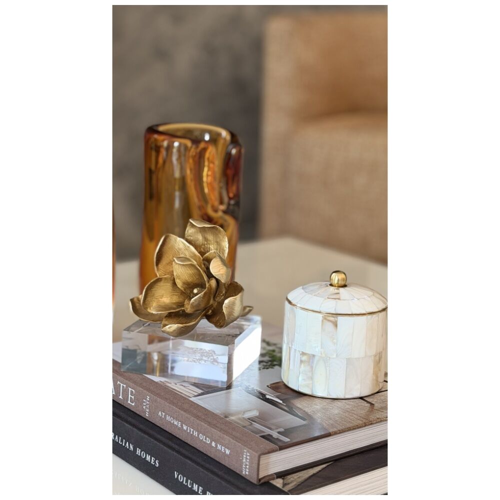 SS Collective Gold Magnolia Floral Resin w/ Acrylic Base Decorative Piece — image 7