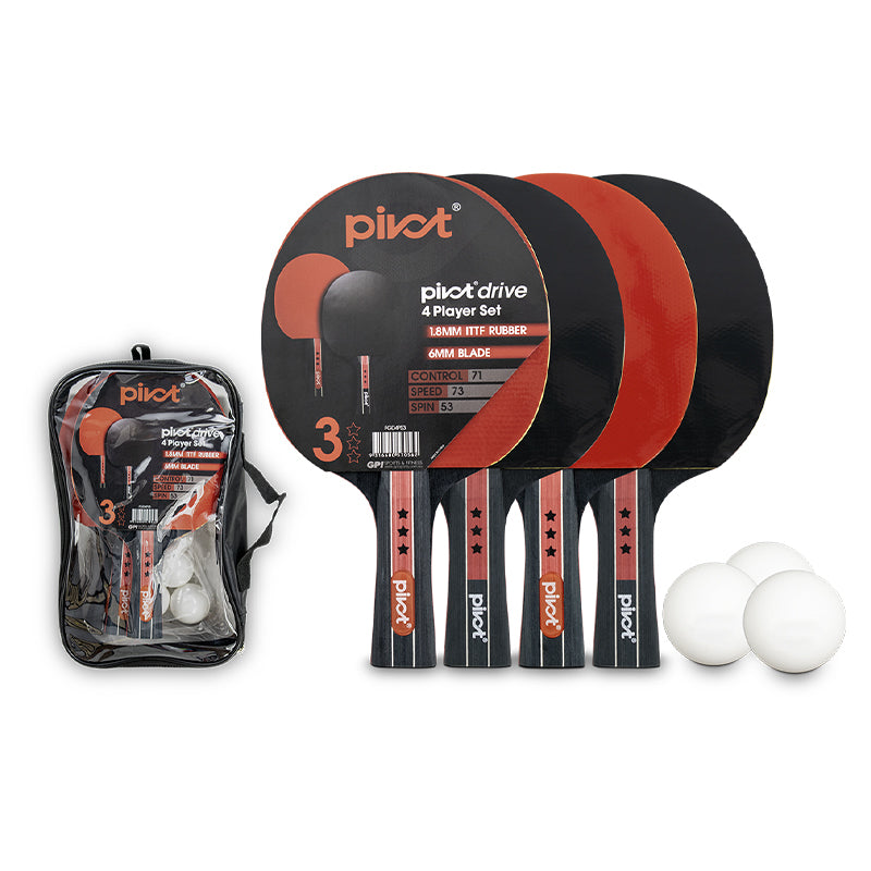 Pivot Drive 3 Star 4 Player Table Tennis/Pin Pong Set w/4 Racquet Bats/3 Balls