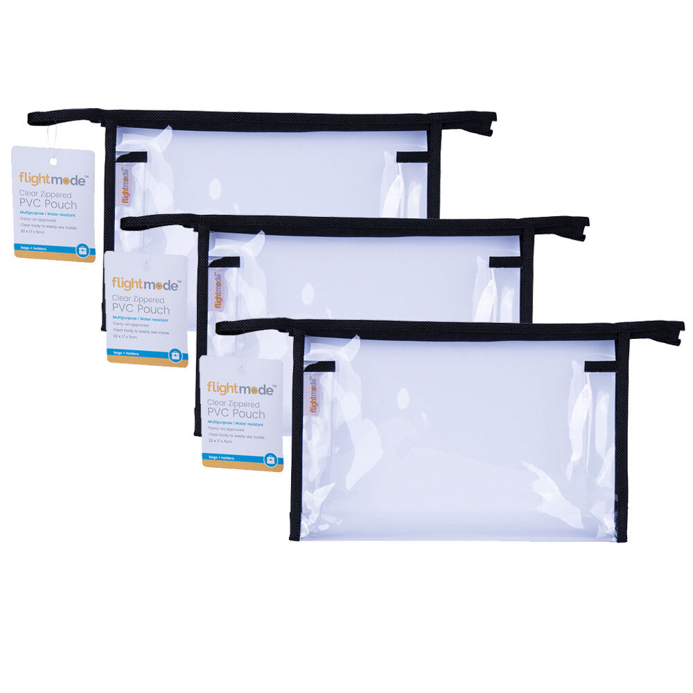 Flightmode Zippered Water Resistant PVC Carry On Approved Bag Pouch Clear (3 Pack)