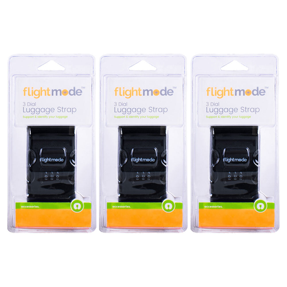 Flightmode 3 Dial Woven Adjustable Lock Safe Luggage Strap - Black (3 Pack)