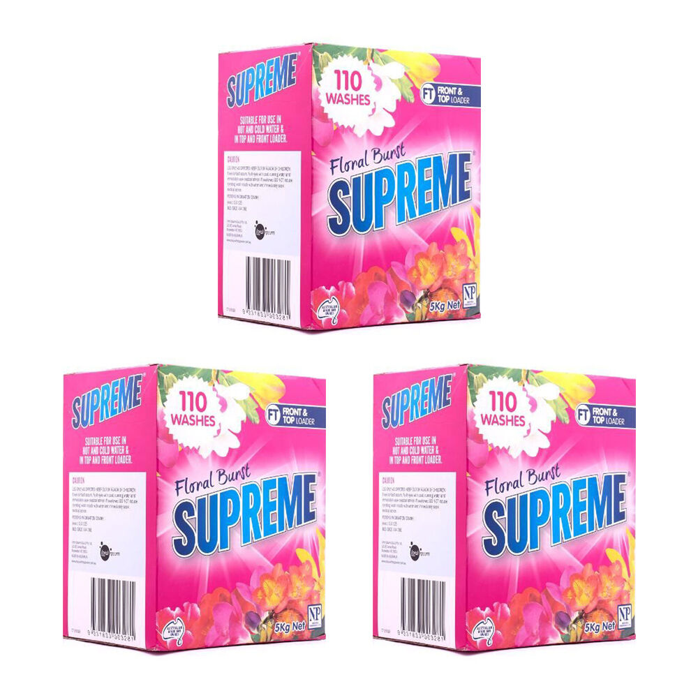 Supreme Front & Top Loader Laundry Detergent Powder w/Floral Burst Scent 5kg (3 Pack)