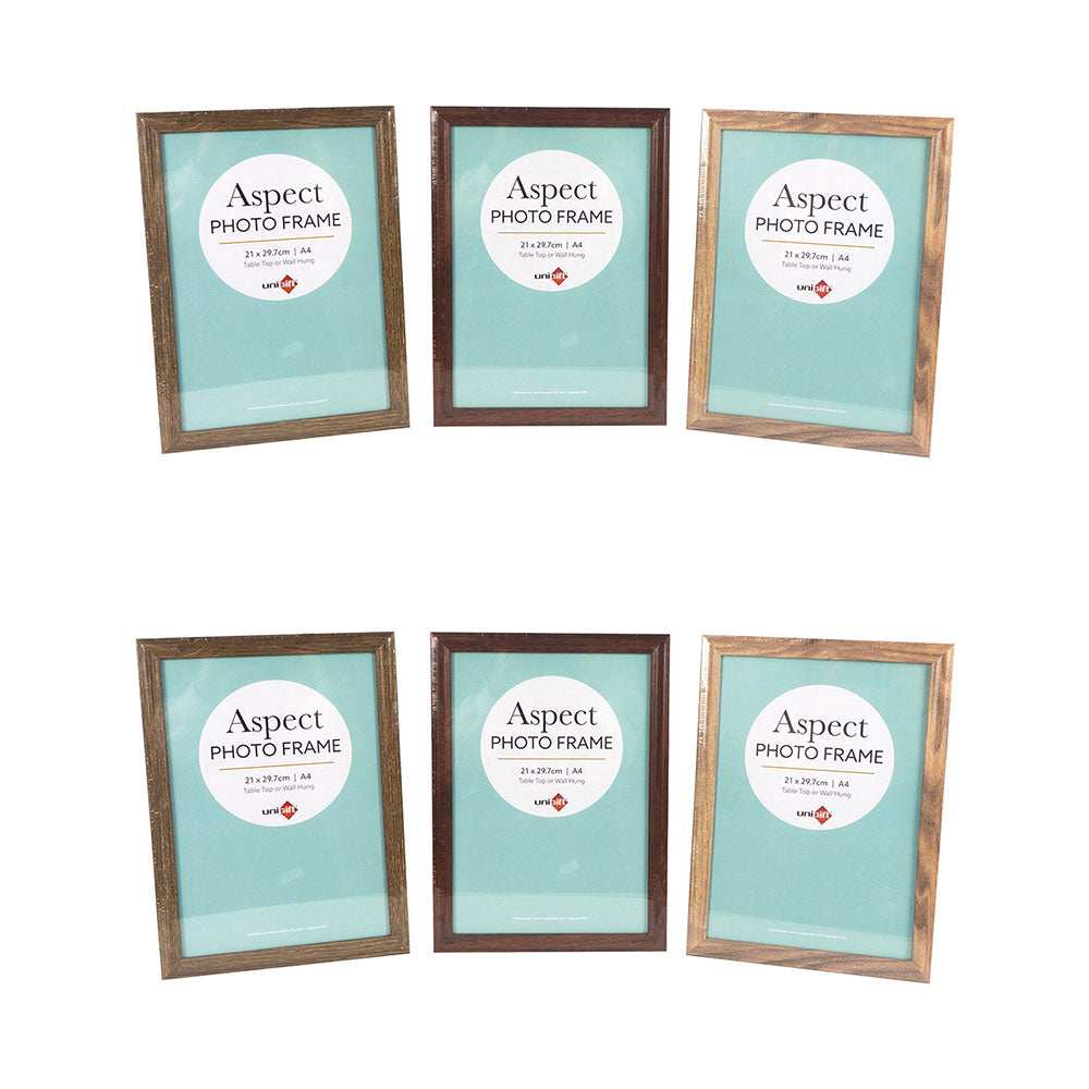 Unigift Aspect MDF/Glass A4 Picture/Photo Frame Wall Hanging/Stand Assorted (6 Pack)