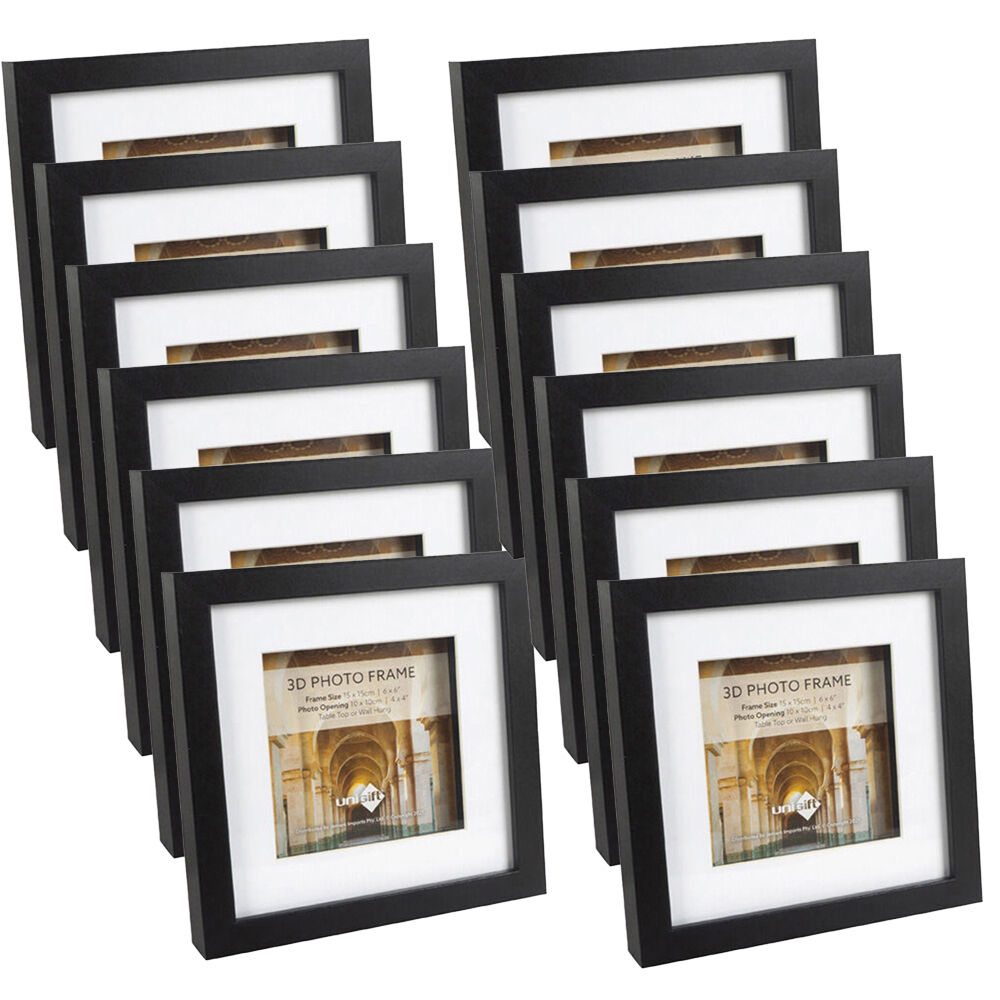 Unigift 3D Wooden/Glass Picture Photo Frame 15x15cm/10x10cm Black (12 Pack)