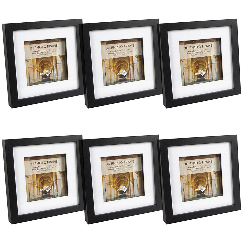 Unigift 3D Wooden/Glass Picture Photo Frame 15x15cm/10x10cm Black (6 Pack)