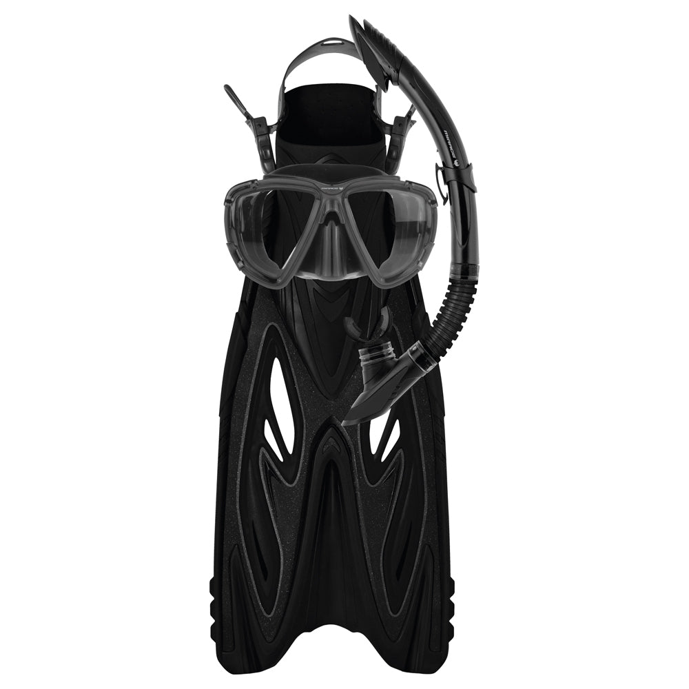 Mirage Adult Rayzor Gold Swimming Beach Mask/Snorkel/Flipper Set Black L/XL (3 Pieces)