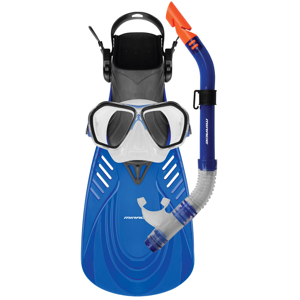 Mirage Fiji Silicone Snorkelling Mask/Snorkel/Fins Set L/XL Blue (4 Pieces)