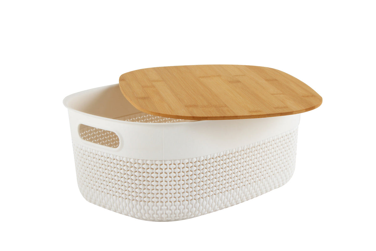 Home Expression 38x29cm Oval Plastic Basket w/ Bamboo Lid Home Organiser White — image 2