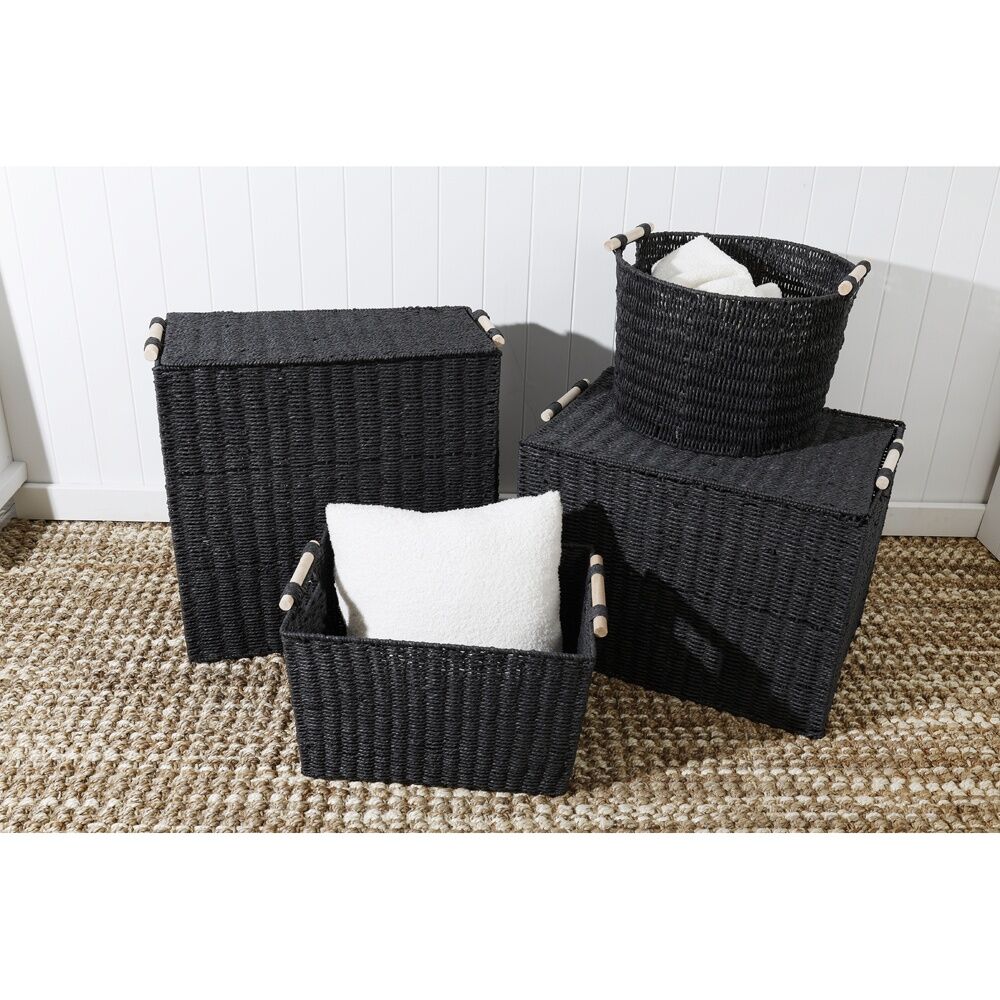 Maine & Crawford Cercy Paper Rope 45cm Storage Basket Organiser w/ Handle Black — image 2