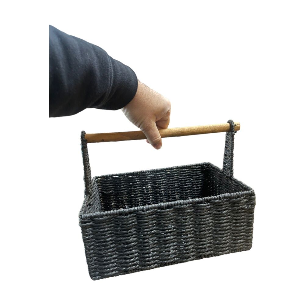 Maine & Crawford Cercy Paper Rope 30cm Organiser Basket w/ Wood Handle Black