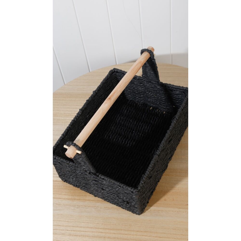 Maine & Crawford Cercy Paper Rope 30cm Organiser Basket w/ Wood Handle Black — image 2