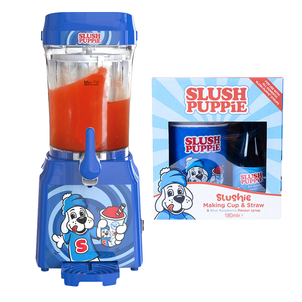 Slush Puppie Cup w/Blue Raspberry Syrup Drink Set & 1L Slushie Making Machine