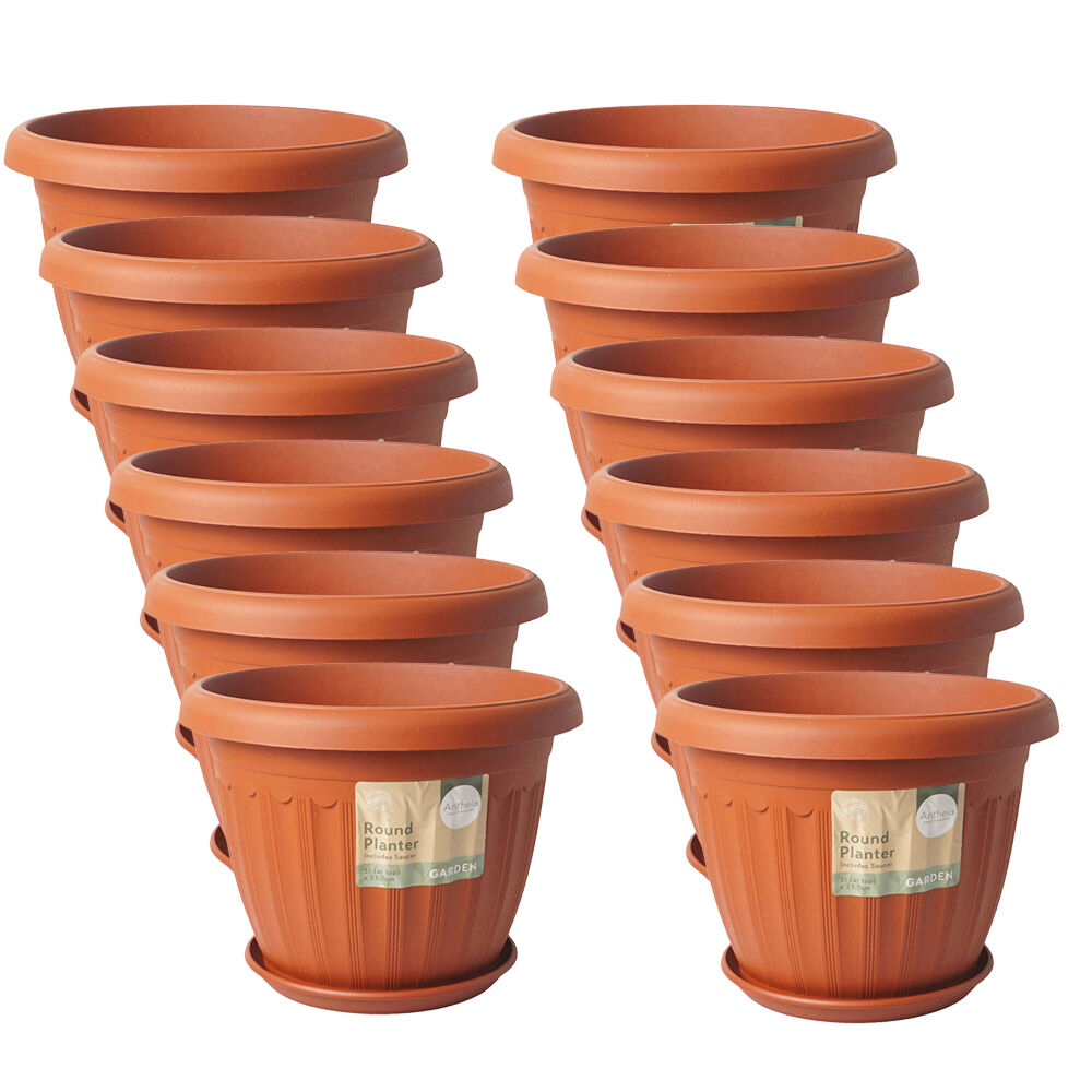 Antheia Round Outdoor Garden Planter Pot w/ Saucer 31x23.5cm Assorted (12 Pack)