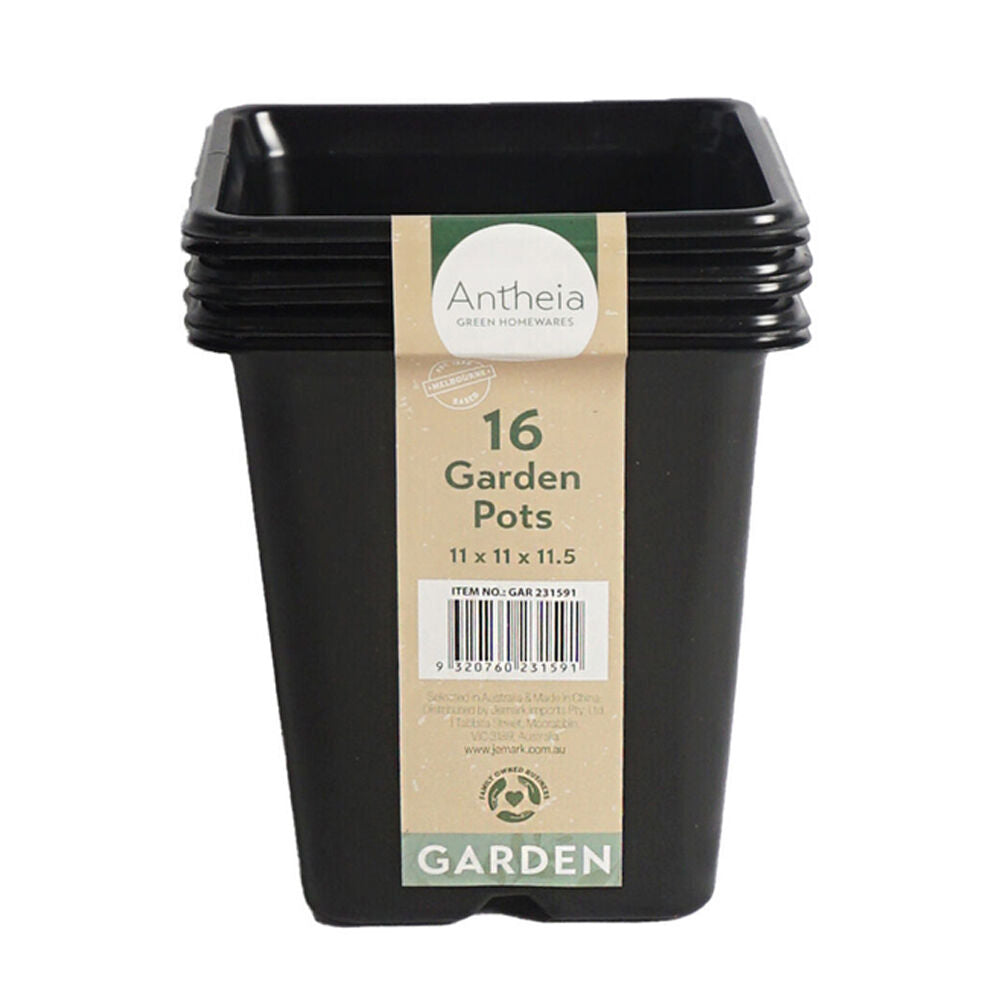 Antheia Plastic Square Garden Planter Pots Large Pack 11x11.5cm Black (6 Pieces)