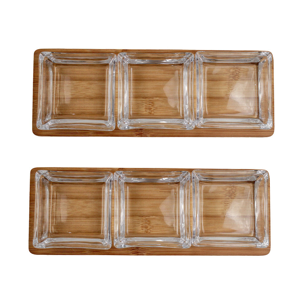 NF Living 3pc NF Living Glass Serving Set Square Bowls Bamboo Tray 30cm Solid Clear (2 Pack)