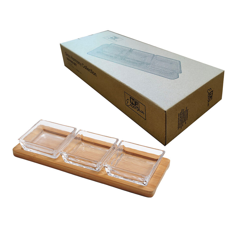 NF Living 3pc NF Living Glass Serving Set Square Bowls Bamboo Tray 30cm Solid Clear (2 Pack) — image 2