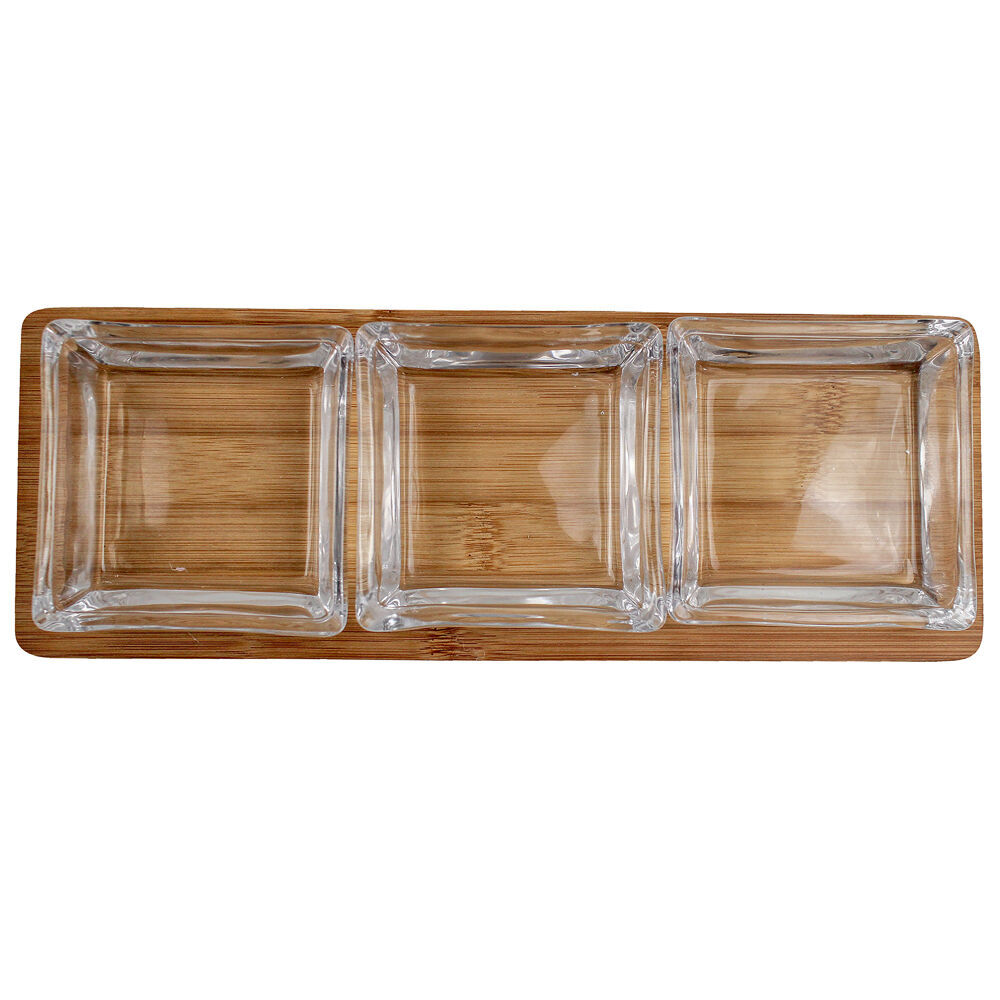 NF Living 3pc NF Living Glass Serving Set Square Bowls Bamboo Tray 30cm Solid Clear (2 Pack) — image 3