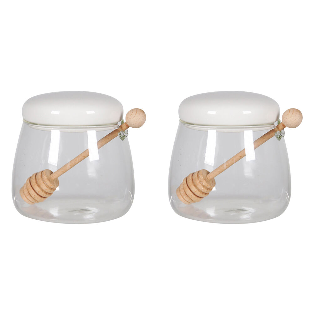 NF Living Honey Jar 350ml 9x9cm Glass Ceramic Kitchen Organisers White (2 Pack)