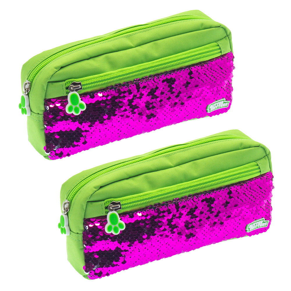 Glitter Critters Pat Me 2 Compartments Sequin Fron Zipper Pencil Case - Green (2 Pack)