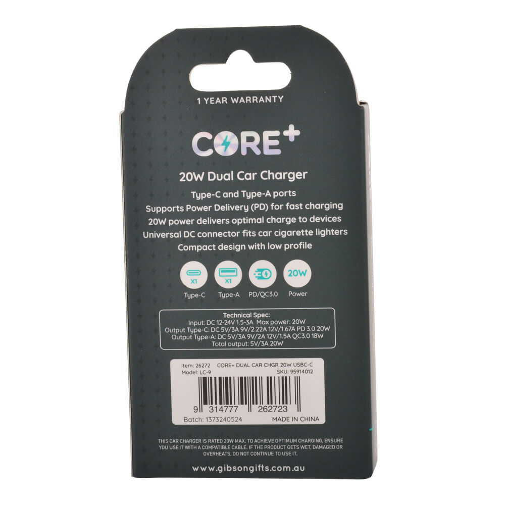 Core Type-C/USB-A Dual Port Car Charger Fast Charge Adapter Socket 20W Black — image 2