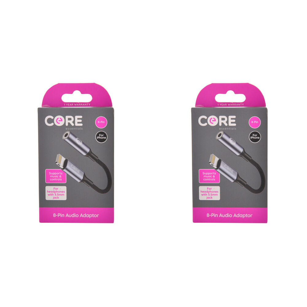 Core Essentials 3.5mm Jack to 8-Pin Audio Adaptor Aux Stereo Converter Black (2 Pack)